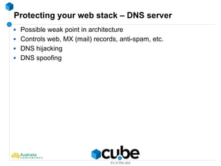 Protecting your web stack – DNS server
Possible weak point in architecture
Controls web, MX (mail) records, anti-spam, etc.
DNS hijacking
DNS spoofing
 