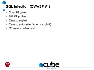SQL Injection (OWASP #1)
Over 15 years
Still #1 problem
Easy to exploit
Easy to automate (scan + exploit)
Often misunderstood
 