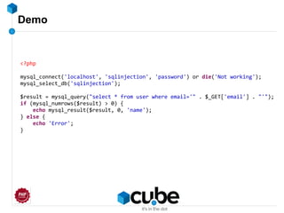 Demo
<?php
mysql_connect('localhost', 'sqlinjection', 'password') or die('Not working');
mysql_select_db('sqlinjection');
$result = mysql_query("select * from user where email='" . $_GET['email'] . "'");
if (mysql_numrows($result) > 0) {
echo mysql_result($result, 0, 'name');
} else {
echo 'Error';
}
 