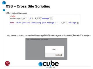 XSS – Cross Site Scripting
<?php
addMessage($_GET['id'], $_GET['message']);
echo 'Thank you for submitting your message : ' . $_GET['message'];
URL : /submitMessage
http://www.our-app.com/submitMessage?id=5&message=<script>alert('Fun eh ?')</script>
 