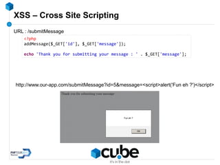XSS – Cross Site Scripting
<?php
addMessage($_GET['id'], $_GET['message']);
echo 'Thank you for submitting your message : ' . $_GET['message'];
URL : /submitMessage
http://www.our-app.com/submitMessage?id=5&message=<script>alert('Fun eh ?')</script>
 