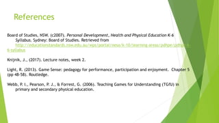 References
Board of Studies, NSW. (c2007). Personal Development, Health and Physical Education K‐6
Syllabus. Sydney: Board of Studies. Retrieved from
http://educationstandards.nsw.edu.au/wps/portal/nesa/k-10/learning-areas/pdhpe/pdhpe-k-
6-syllabus
Knijnik, J., (2017). Lecture notes, week 2.
Light, R. (2013). Game Sense: pedagogy for performance, participation and enjoyment. Chapter 5
(pp 48‐58). Routledge.
Webb, P. I., Pearson, P. J., & Forrest, G. (2006). Teaching Games for Understanding (TGfU) in
primary and secondary physical education.
 