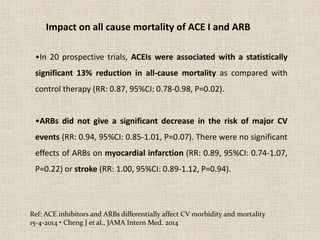 •In 20 prospective trials, ACEIs were associated with a statistically
significant 13% reduction in all-cause mortality as compared with
control therapy (RR: 0.87, 95%CI: 0.78-0.98, P=0.02).
•ARBs did not give a significant decrease in the risk of major CV
events (RR: 0.94, 95%CI: 0.85-1.01, P=0.07). There were no significant
effects of ARBs on myocardial infarction (RR: 0.89, 95%CI: 0.74-1.07,
P=0.22) or stroke (RR: 1.00, 95%CI: 0.89-1.12, P=0.94).
Ref: ACE inhibitors and ARBs differentially affect CV morbidity and mortality
15-4-2014 • Cheng J et al., JAMA Intern Med. 2014
Impact on all cause mortality of ACE I and ARB
 
