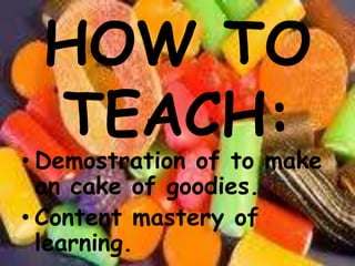 HOW TO TEACH:Demostration of to make an cake of goodies.Content mastery of learning.