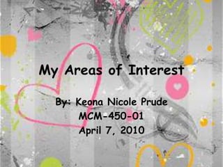 My Areas of Interest By: Keona Nicole Prude MCM-450-01 April 7, 2010 
