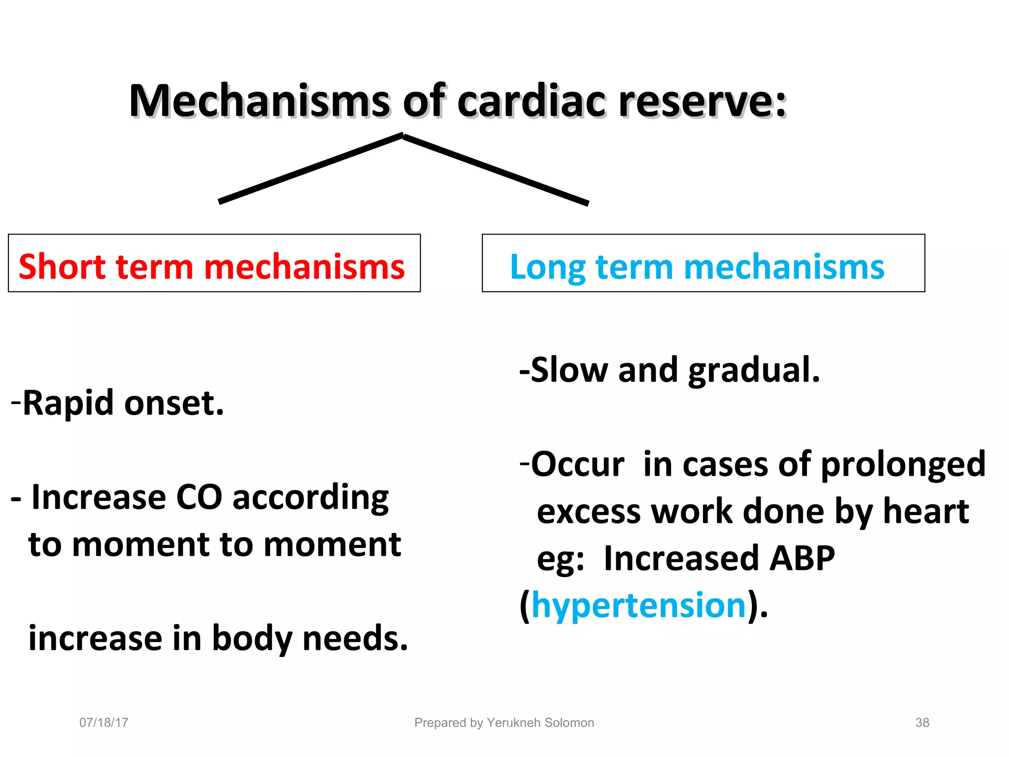 Prepared by Yerukneh Solomon
Short term mechanisms Long term mechanisms
Mechanisms of cardiac reserve:Mechanisms of cardiac reserve:
-Rapid onset.
- Increase CO according
to moment to moment
increase in body needs.
-Slow and gradual.
-Occur in cases of prolonged
excess work done by heart
eg: Increased ABP
(hypertension).
3807/18/17
 