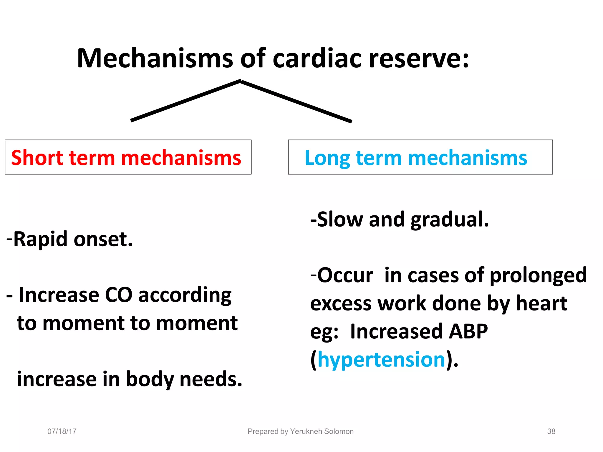 Short term mechanisms Long term mechanisms
Mechanisms of cardiac reserve:
-Rapid onset.
- Increase CO according
to moment to moment
increase in body needs.
07/18/17 Prepared by Yerukneh Solomon 38
-Slow and gradual.
-Occur in cases of prolonged
excess work done by heart
eg: Increased ABP
(hypertension).
 