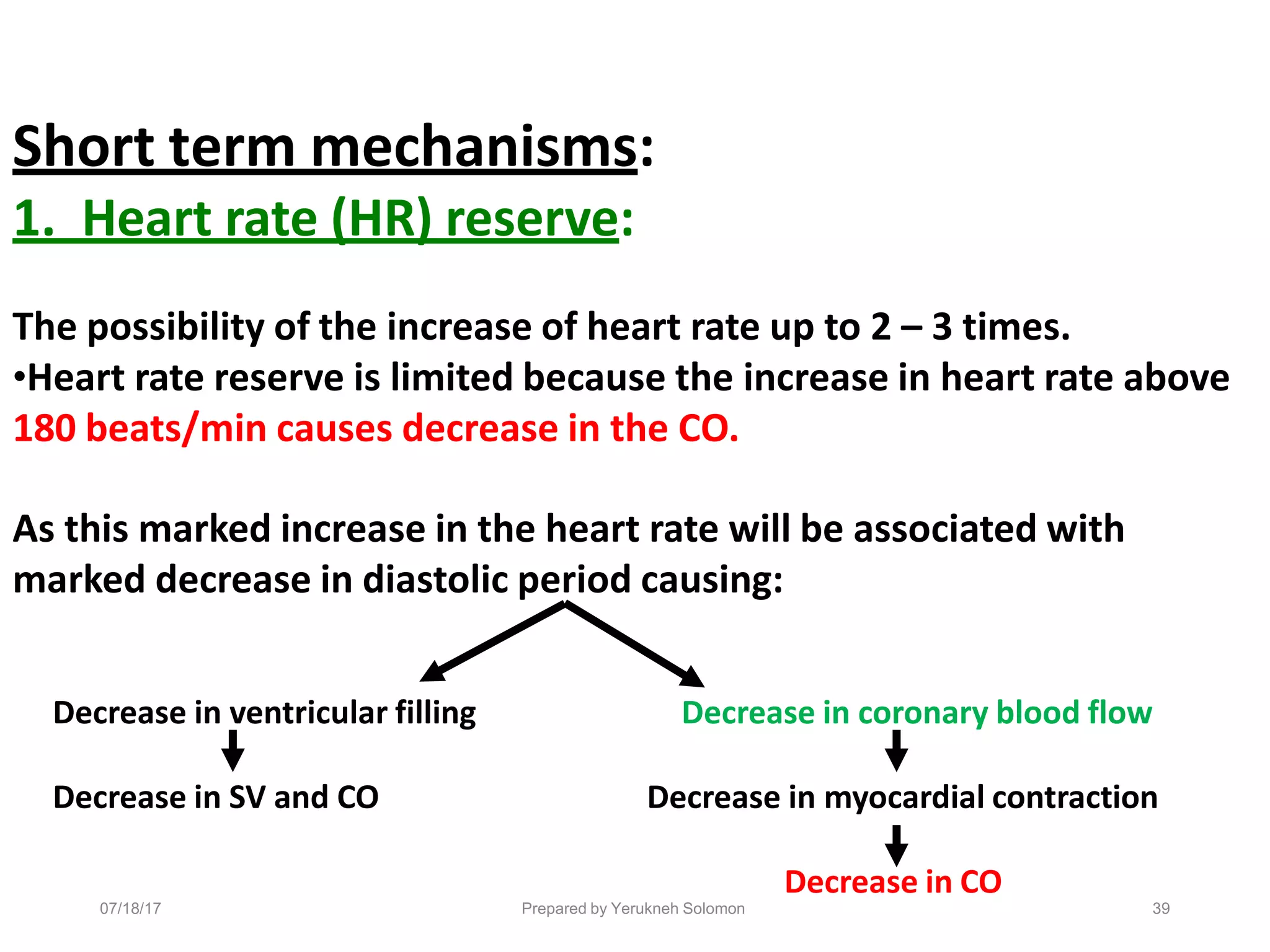 Prepared by Yerukneh Solomon
Short term mechanisms:
1. Heart rate (HR) reserve:
The possibility of the increase of heart rate up to 2 – 3 times.
•Heart rate reserve is limited because the increase in heart rate above
180 beats/min causes decrease in the CO.
As this marked increase in the heart rate will be associated with
marked decrease in diastolic period causing:
Decrease in ventricular filling Decrease in coronary blood flow
Decrease in SV and CO Decrease in myocardial contraction
Decrease in CO
39
07/18/17
 