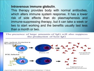 Intravenous immune globulin.
This therapy provides body with normal antibodies,
which alters immune system response. It has a lower
risk of side effects than do plasmapheresis and
immune-suppressing therapy, but it can take a week or
two to start working and the benefits usually last less
than a month or two.
 