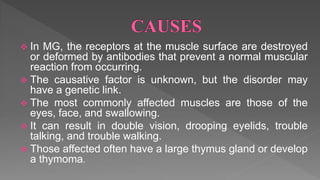  In MG, the receptors at the muscle surface are destroyed
or deformed by antibodies that prevent a normal muscular
reaction from occurring.
 The causative factor is unknown, but the disorder may
have a genetic link.
 The most commonly affected muscles are those of the
eyes, face, and swallowing.
 It can result in double vision, drooping eyelids, trouble
talking, and trouble walking.
 Those affected often have a large thymus gland or develop
a thymoma.
 