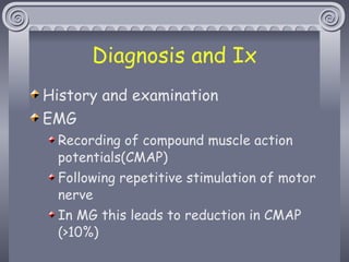 Diagnosis and Ix History and examination EMG  Recording of compound muscle action potentials(CMAP) Following repetitive stimulation of motor nerve In MG this leads to reduction in CMAP (>10%) 