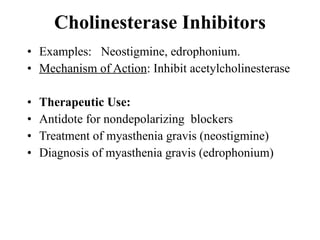 Cholinesterase Inhibitors Examples:  Neostigmine, edrophonium. Mechanism of Action : Inhibit acetylcholinesterase Therapeutic Use:   Antidote for nondepolarizing  blockers Treatment of myasthenia gravis (neostigmine) Diagnosis of myasthenia gravis (edrophonium) 