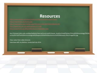 Resourceshttp://www.webmd.com/brain/understanding-myasthenia-gravis-basics
http://myasthenia.org/Home.aspx
http://myasthenia.org/LinkClick.aspx?fileticket=efzk1NMTJBk%3d&tabid=84
http://www.ncbi.nlm.nih.gov/pubmed/3277598
http://myasthenia.org/WhatisMG/ResearchHighlights.aspx
ttp://intranet.tdmu.edu.ua/data/kafedra/internal/vnutrmed2/classes_stud/en/med/lik/ptn/Clinical%20imunology/5%20c
ourse/04.%20The%20immunological%20aspects%20of%20autoimmune%20diseases.files/image016.jpg
Class notes from video lectures
Interview with my Mother, conducted July 2014
 