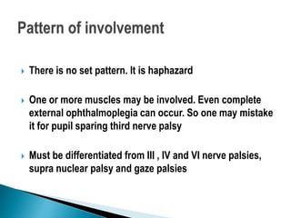  There is no set pattern. It is haphazard
 One or more muscles may be involved. Even complete
external ophthalmoplegia can occur. So one may mistake
it for pupil sparing third nerve palsy
 Must be differentiated from III , IV and VI nerve palsies,
supra nuclear palsy and gaze palsies
 