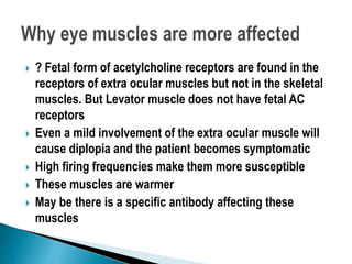  ? Fetal form of acetylcholine receptors are found in the
receptors of extra ocular muscles but not in the skeletal
muscles. But Levator muscle does not have fetal AC
receptors
 Even a mild involvement of the extra ocular muscle will
cause diplopia and the patient becomes symptomatic
 High firing frequencies make them more susceptible
 These muscles are warmer
 May be there is a specific antibody affecting these
muscles
 