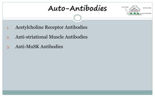 Auto-Antibodies
1. Acetylcholine Receptor Antibodies
2. Anti-striational Muscle Antibodies
3. Anti-MuSK Antibodies
 