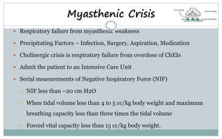 Myasthenic Crisis
 Respiratory failure from myasthenic weakness
 Precipitating Factors – Infection, Surgery, Aspiration, Medication
 Cholinergic crisis is respiratory failure from overdose of ChEIs
 Admit the patient to an Intensive Care Unit
 Serial measurements of Negative Inspiratory Force (NIF)
 NIF less than –20 cm H2O
 When tidal volume less than 4 to 5 cc/kg body weight and maximum
breathing capacity less than three times the tidal volume
 Forced vital capacity less than 15 cc/kg body weight.
 