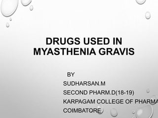 DRUGS USED IN
MYASTHENIA GRAVIS
BY
SUDHARSAN.M
SECOND PHARM.D(18-19)
KARPAGAM COLLEGE OF PHARMA
COIMBATORE
 