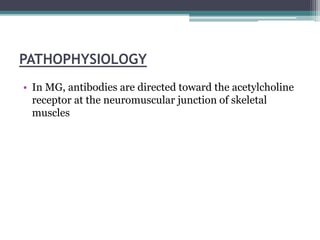 PATHOPHYSIOLOGY
• In MG, antibodies are directed toward the acetylcholine
receptor at the neuromuscular junction of skeletal
muscles
 