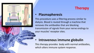 Therapy
• Plasmapheresis
This procedure uses a filtering process similar to
dialysis. Blood is routed through a machine that
removes the antibodies that are blocking
transmission of signals from your nerve endings to
your muscles' receptor sites.
• Intravenous immune globulin
This therapy provides body with normal antibodies,
which alters immune system response.
 