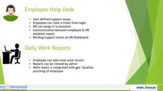Employee Help Desk
• User defined support issues
• Employee can raise a ticket from login
• HR can assign it to Assistant
• Communication between employee & HR
Assistant report
• Pending Support ticket on HR Dashboard
Daily Work Reports
• Employee can date wise work record
• Reports can be viewed by admin
• Work report is integrated with geo -location
punching of employee
 