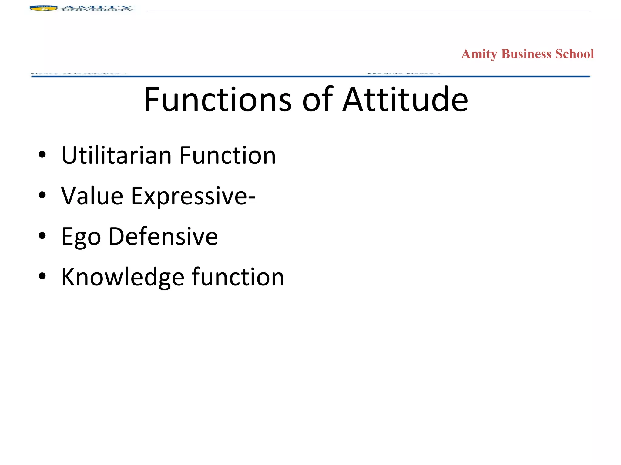 Functions of Attitude  Utilitarian Function Value Expressive- Ego Defensive Knowledge function 