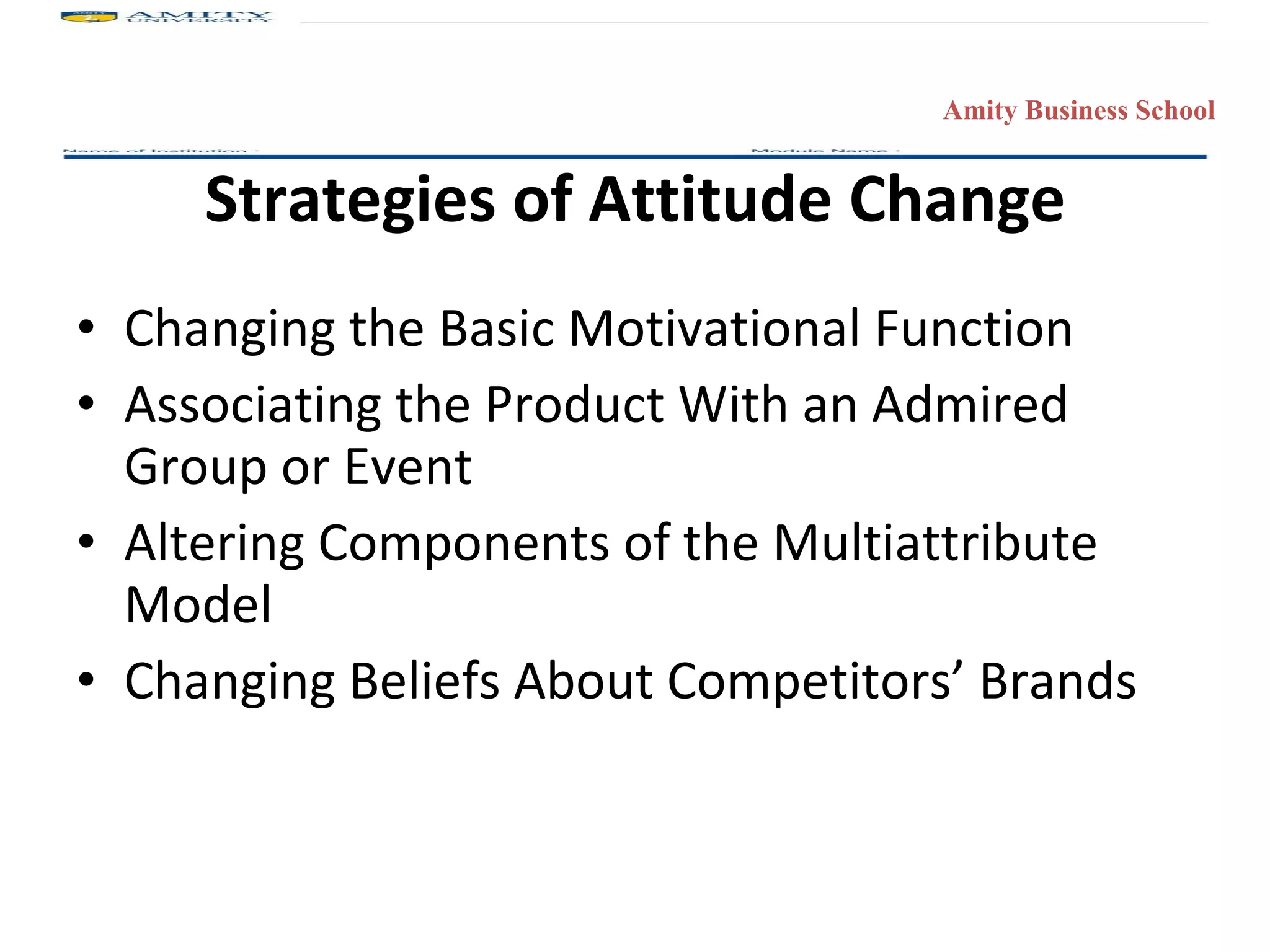 Strategies of Attitude Change Changing the Basic Motivational Function Associating the Product With an Admired Group or Event Altering Components of the Multiattribute Model Changing Beliefs About Competitors’ Brands 