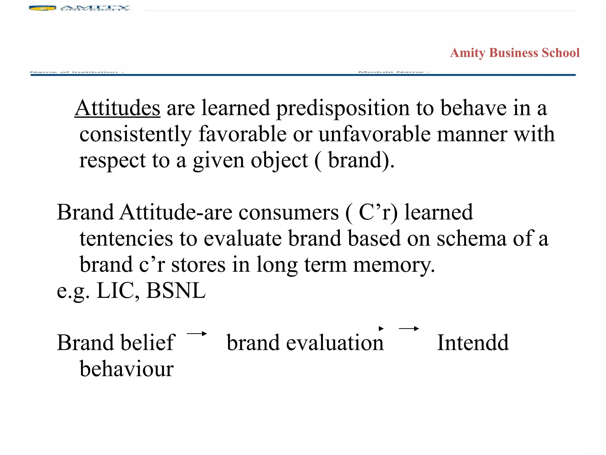 Attitudes  are learned predisposition to behave in a consistently favorable or unfavorable manner with respect to a given object ( brand). Brand Attitude-are consumers ( C’r) learned tentencies to evaluate brand based on schema of a brand c’r stores in long term memory. e.g. LIC, BSNL Brand belief  brand evaluation  Intendd behaviour 