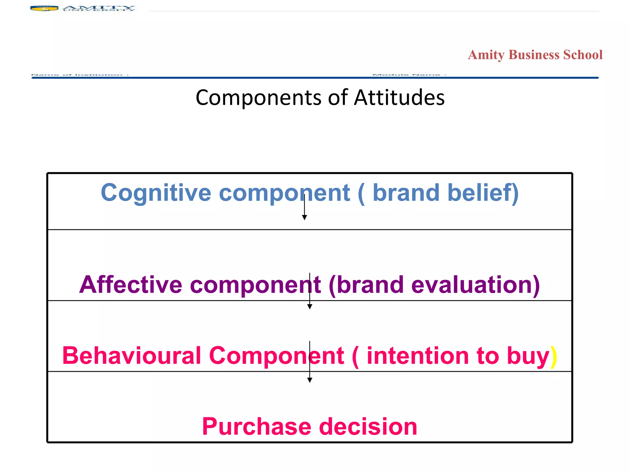 Components of Attitudes Cognitive component ( brand belief) Affective component (brand evaluation) Behavioural Component ( intention to buy ) Purchase decision 
