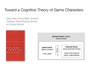 Toward a Cognitive Theory of Game Characters
• Gary Alan Fine (1983): Shared
Fantasy. Role-Playing Games
as Social Worlds
...