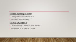 For socio-psychological barrier
• Calling attention and motivation
• Assistance and sympathy
For cross cultural barrier
• Understanding of traditions and customs
• Information of all sides of culture
 