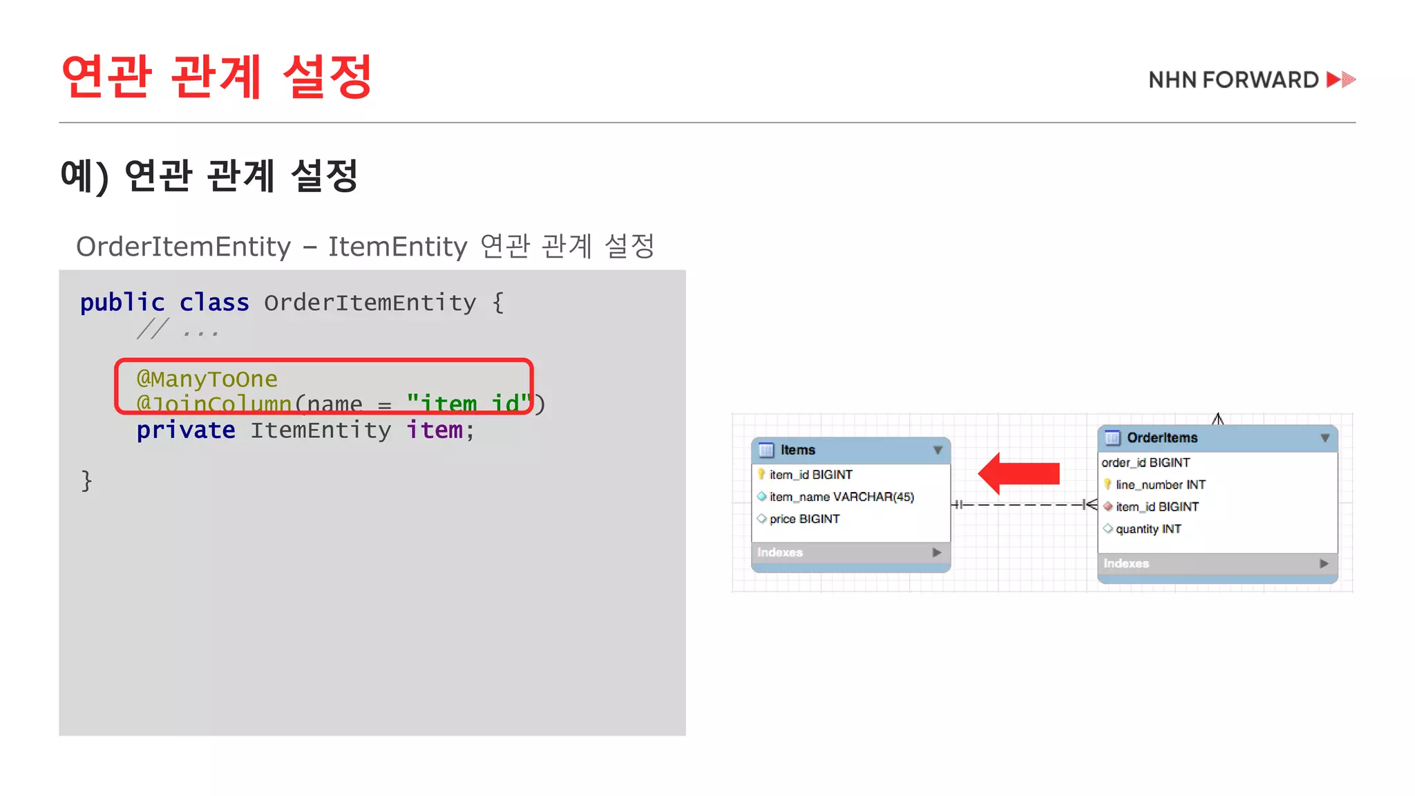 연관 관계 설정
public class OrderItemEntity {
// ...
@ManyToOne
@JoinColumn(name = "item_id")
private ItemEntity item;
}
예) 연관 관계 설정
OrderItemEntity – ItemEntity 연관 관계 설정
 
