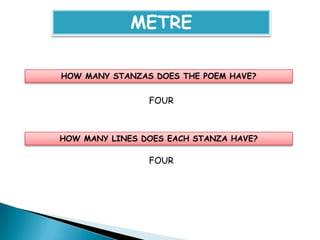 METRE

HOW MANY STANZAS DOES THE POEM HAVE?


                FOUR



HOW MANY LINES DOES EACH STANZA HAVE?

                FOUR
 