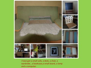I have got a small sofa, a desk, a chair, a
wardrobe , a bookcase,a small board, a lamp
and a computer.
 