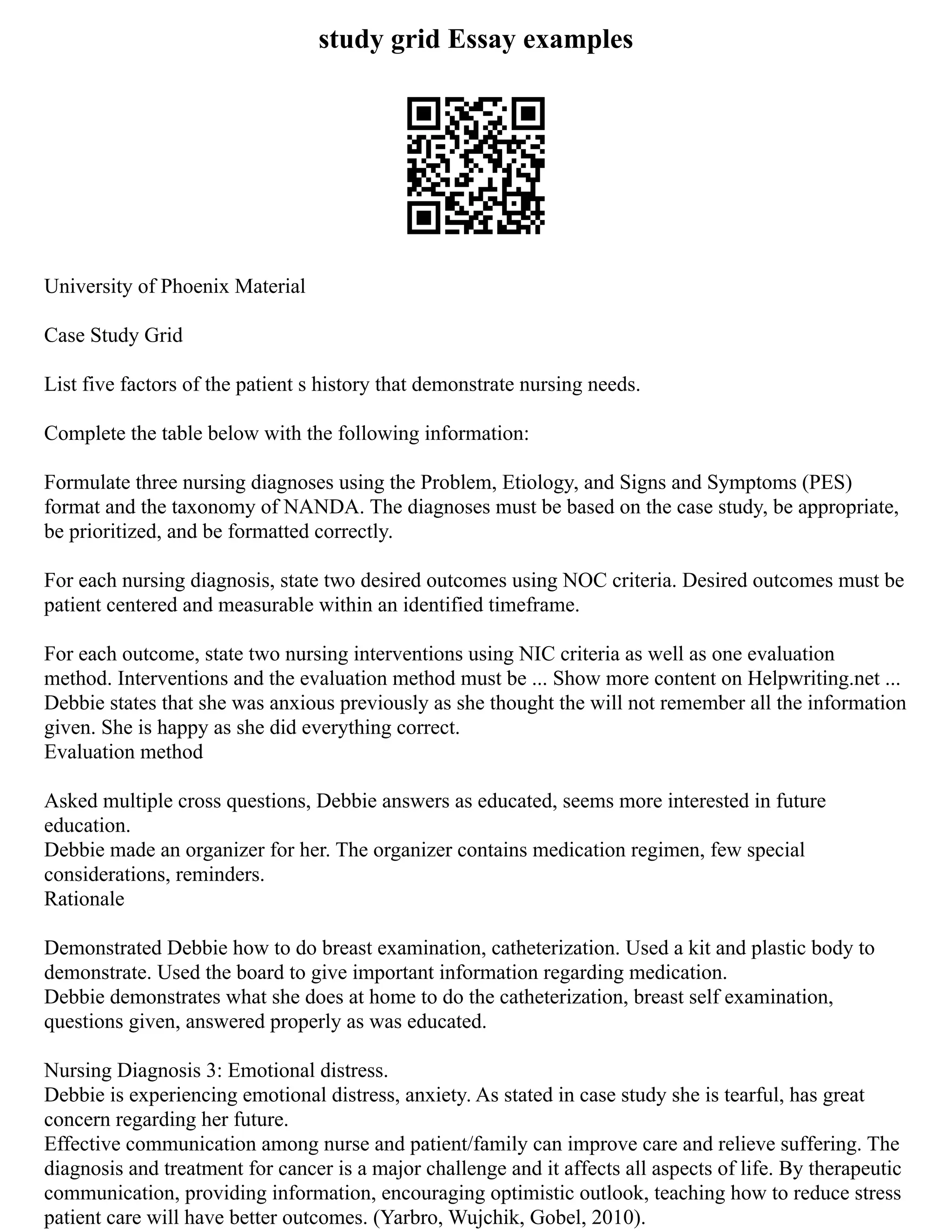 study grid Essay examples
University of Phoenix Material
Case Study Grid
List five factors of the patient s history that demonstrate nursing needs.
Complete the table below with the following information:
Formulate three nursing diagnoses using the Problem, Etiology, and Signs and Symptoms (PES)
format and the taxonomy of NANDA. The diagnoses must be based on the case study, be appropriate,
be prioritized, and be formatted correctly.
For each nursing diagnosis, state two desired outcomes using NOC criteria. Desired outcomes must be
patient centered and measurable within an identified timeframe.
For each outcome, state two nursing interventions using NIC criteria as well as one evaluation
method. Interventions and the evaluation method must be ... Show more content on Helpwriting.net ...
Debbie states that she was anxious previously as she thought the will not remember all the information
given. She is happy as she did everything correct.
Evaluation method
Asked multiple cross questions, Debbie answers as educated, seems more interested in future
education.
Debbie made an organizer for her. The organizer contains medication regimen, few special
considerations, reminders.
Rationale
Demonstrated Debbie how to do breast examination, catheterization. Used a kit and plastic body to
demonstrate. Used the board to give important information regarding medication.
Debbie demonstrates what she does at home to do the catheterization, breast self examination,
questions given, answered properly as was educated.
Nursing Diagnosis 3: Emotional distress.
Debbie is experiencing emotional distress, anxiety. As stated in case study she is tearful, has great
concern regarding her future.
Effective communication among nurse and patient/family can improve care and relieve suffering. The
diagnosis and treatment for cancer is a major challenge and it affects all aspects of life. By therapeutic
communication, providing information, encouraging optimistic outlook, teaching how to reduce stress
patient care will have better outcomes. (Yarbro, Wujchik, Gobel, 2010).
 
