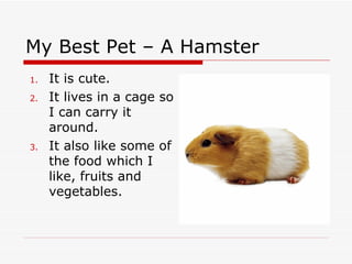 My Best Pet – A Hamster
1.   It is cute.
2.   It lives in a cage so
     I can carry it
     around.
3.   It also like some of
     the food which I
     like, fruits and
     vegetables.
 