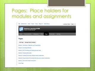 Pages: Place holders for
modules and assignments