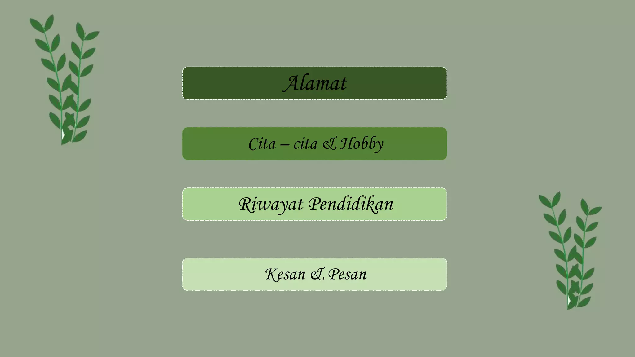 Alamat
Cita – cita & Hobby
Riwayat Pendidikan
Kesan & Pesan