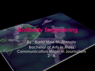 Antibody Engineering
By : Karla Mae M. Manalo
Bachelor of Arts in Mass
Communication Major in Journalism
2- A
 