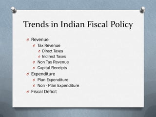 Trends in Indian Fiscal Policy
O Revenue
   O Tax Revenue
     O Direct Taxes
     O Indirect Taxes
   O Non Tax Revenue
   O Capital Receipts
O Expenditure
   O Plan Expenditure
   O Non - Plan Expenditure
O Fiscal Deficit
 