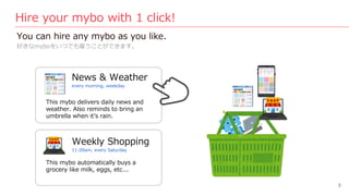 Hire your mybo with 1 click!
You can hire any mybo as you like.
好きなmyboをいつでも雇うことができます。
News & Weather
every morning, weekd...