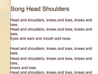 Song Head Shoulders
Head and shoulders, knees and toes, knees and
toes.
Head and shoulders, knees and toes, knees and
toes.
Eyes and ears and mouth and nose.
Head and shoulders, knees and toes, knees and
toes.
Head and shoulders, knees and toes, knees and
toes,
knees and toes.
Head and shoulders, knees and toes, knees and
 