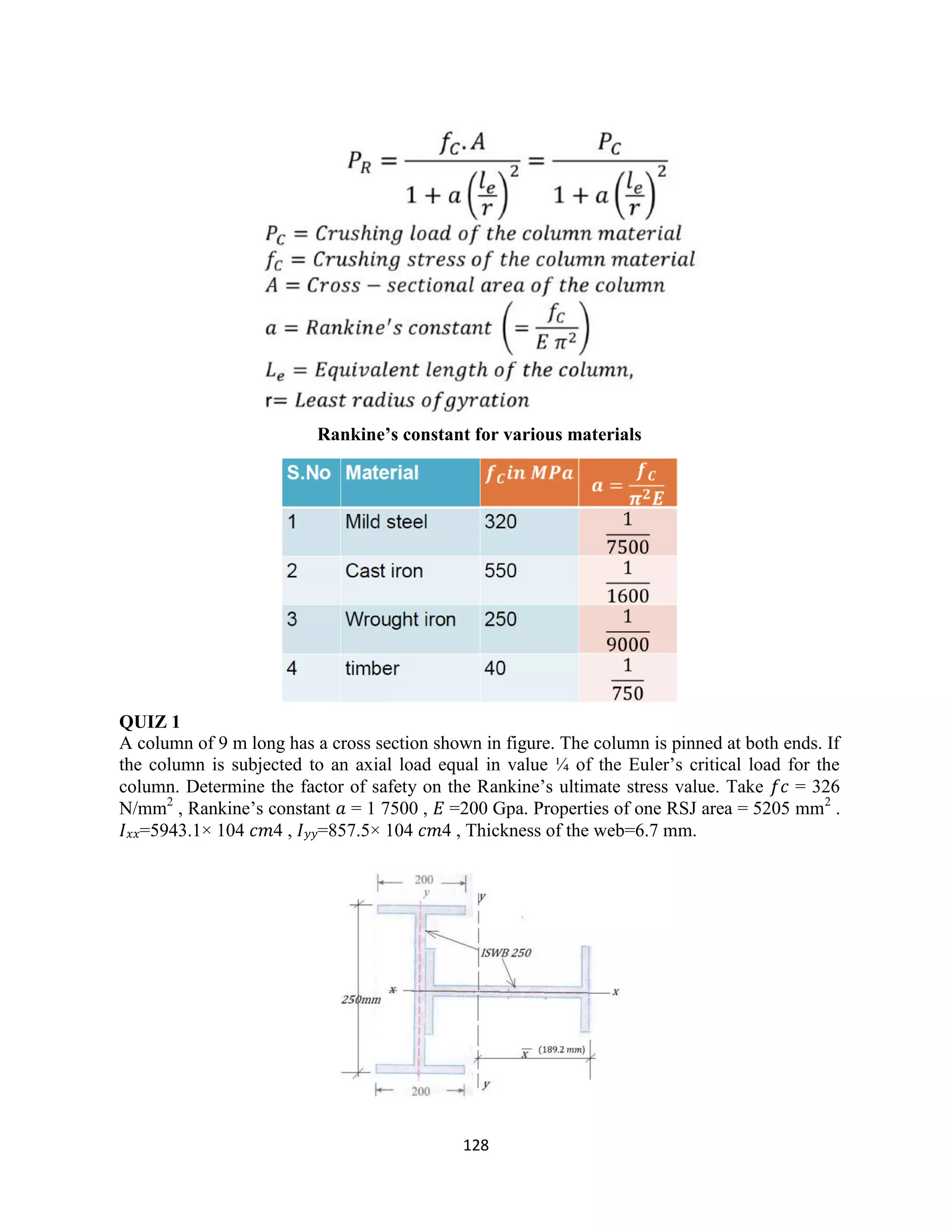 128
Rankine’s constant for various materials
QUIZ 1
A column of 9 m long has a cross section shown in figure. The column is pinned at both ends. If
the column is subjected to an axial load equal in value ¼ of the Euler‟s critical load for the
column. Determine the factor of safety on the Rankine‟s ultimate stress value. Take 𝑓𝑐 = 326
N/mm2
, Rankine‟s constant 𝑎 = 1 7500 , 𝐸 =200 Gpa. Properties of one RSJ area = 5205 mm2
.
𝐼 𝑥𝑥=5943.1× 104 𝑐𝑚4 , 𝐼 𝑦𝑦=857.5× 104 𝑐𝑚4 , Thickness of the web=6.7 mm.
 