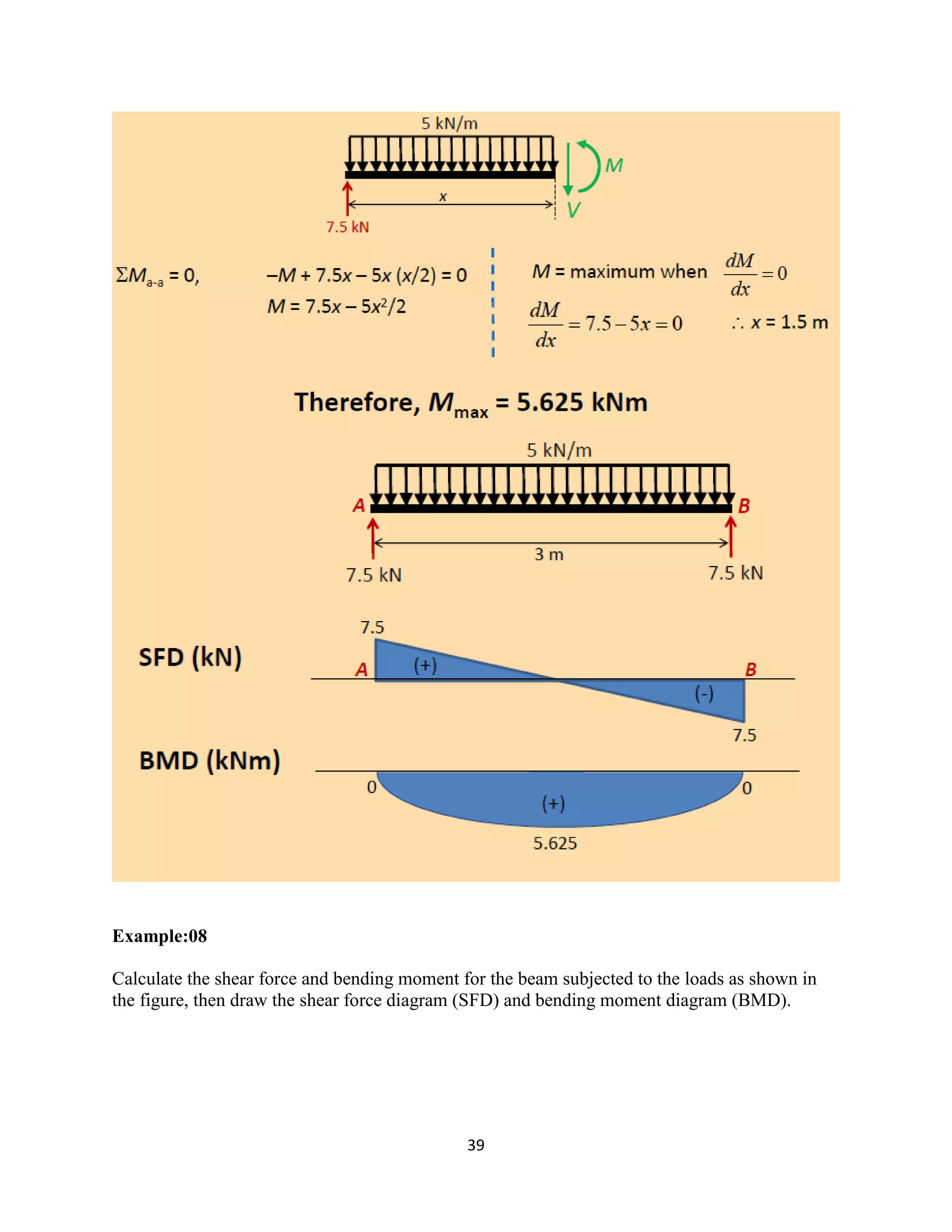 39
Example:08
Calculate the shear force and bending moment for the beam subjected to the loads as shown in
the figure, then draw the shear force diagram (SFD) and bending moment diagram (BMD).
 