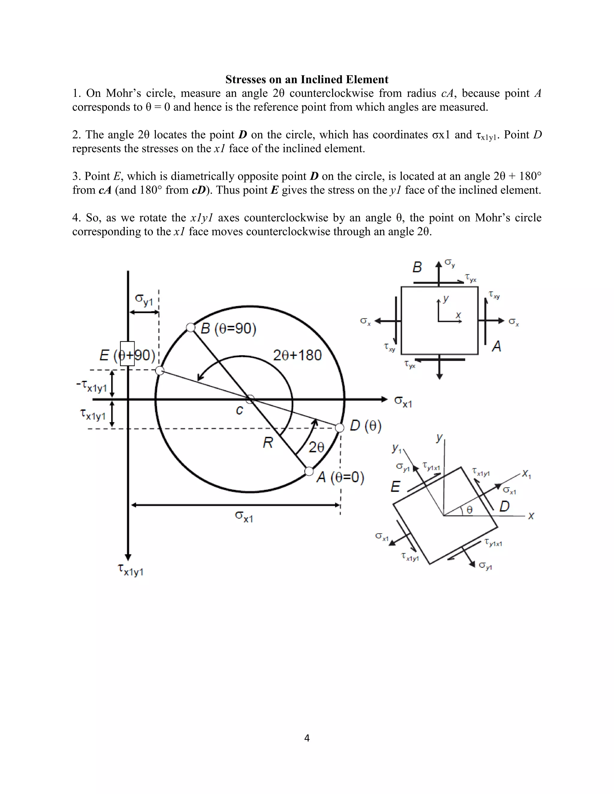 4
Stresses on an Inclined Element
1. On Mohr‟s circle, measure an angle 2θ counterclockwise from radius cA, because point A
corresponds to θ = 0 and hence is the reference point from which angles are measured.
2. The angle 2θ locates the point D on the circle, which has coordinates σx1 and τx1y1. Point D
represents the stresses on the x1 face of the inclined element.
3. Point E, which is diametrically opposite point D on the circle, is located at an angle 2θ + 180°
from cA (and 180° from cD). Thus point E gives the stress on the y1 face of the inclined element.
4. So, as we rotate the x1y1 axes counterclockwise by an angle θ, the point on Mohr‟s circle
corresponding to the x1 face moves counterclockwise through an angle 2θ.
 